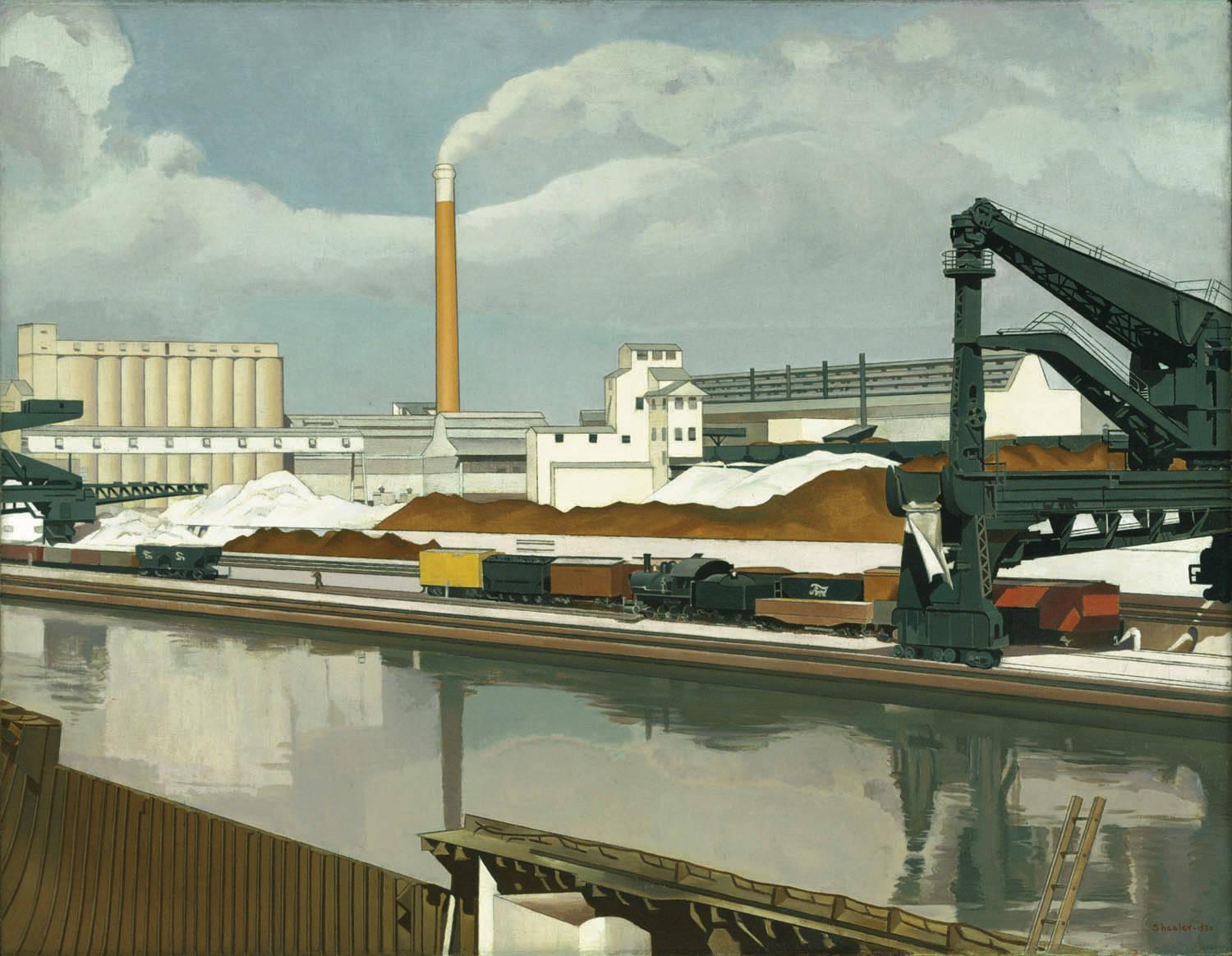Charles Sheeler's painting American Landscape, depicting the Ford River Rouge plant with railcars, industrial buildings, conveyors, a smokestack, and reflections in water.